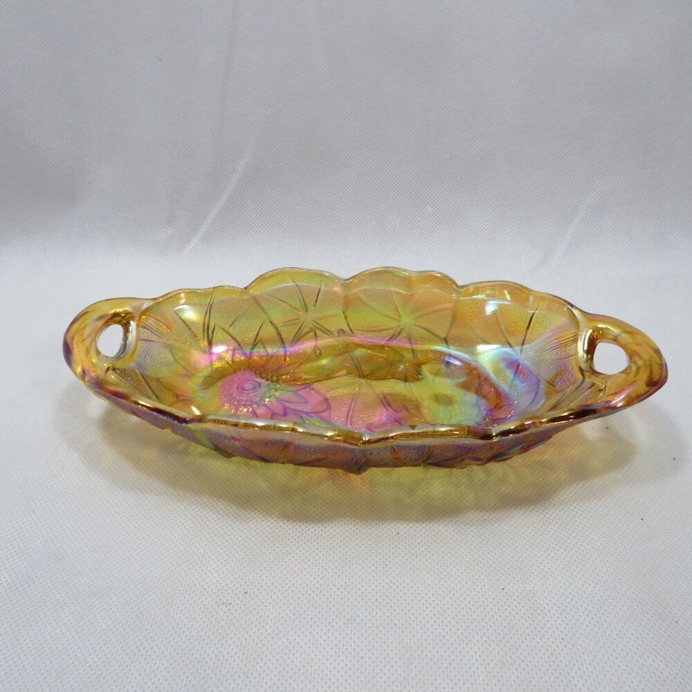 Vintage Indiana Carnival Glass IRIDESCENT AMBER Lily Pons Condiment Relish Dish
